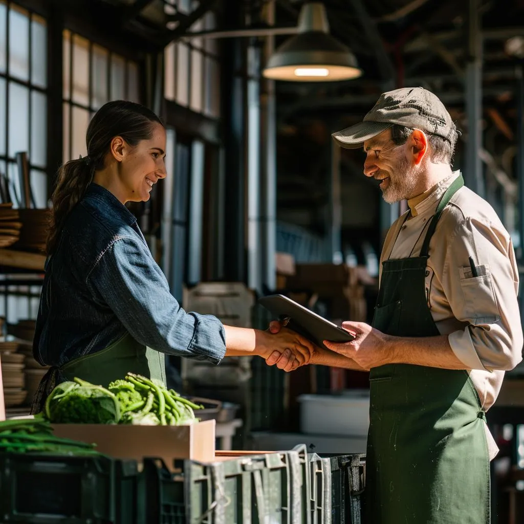 A buyer shaking hands with one of our packhouse team